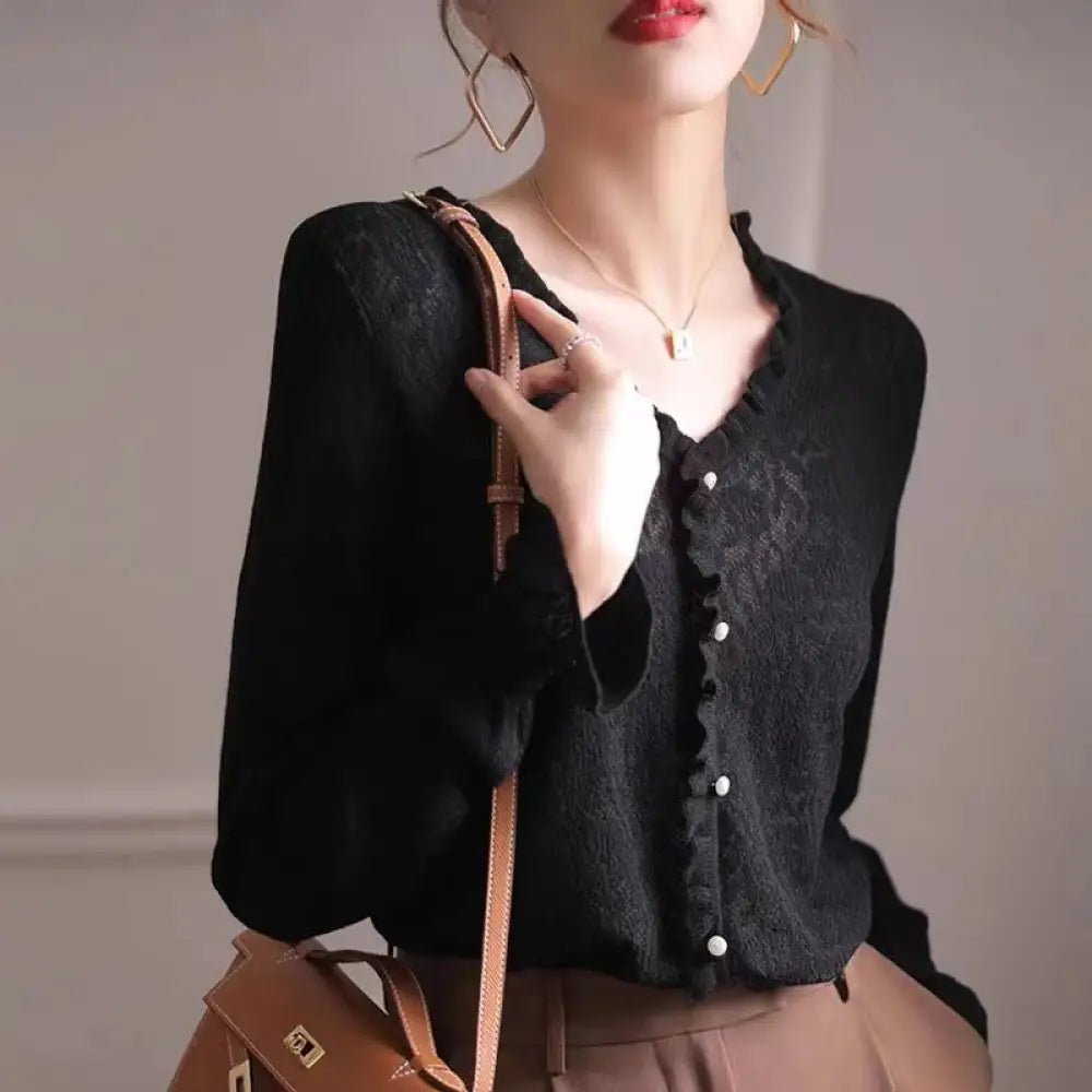 Lace V-Neck Hollow Sweater – Romantic Light Knit | same ANTHEM - Black / L - Top