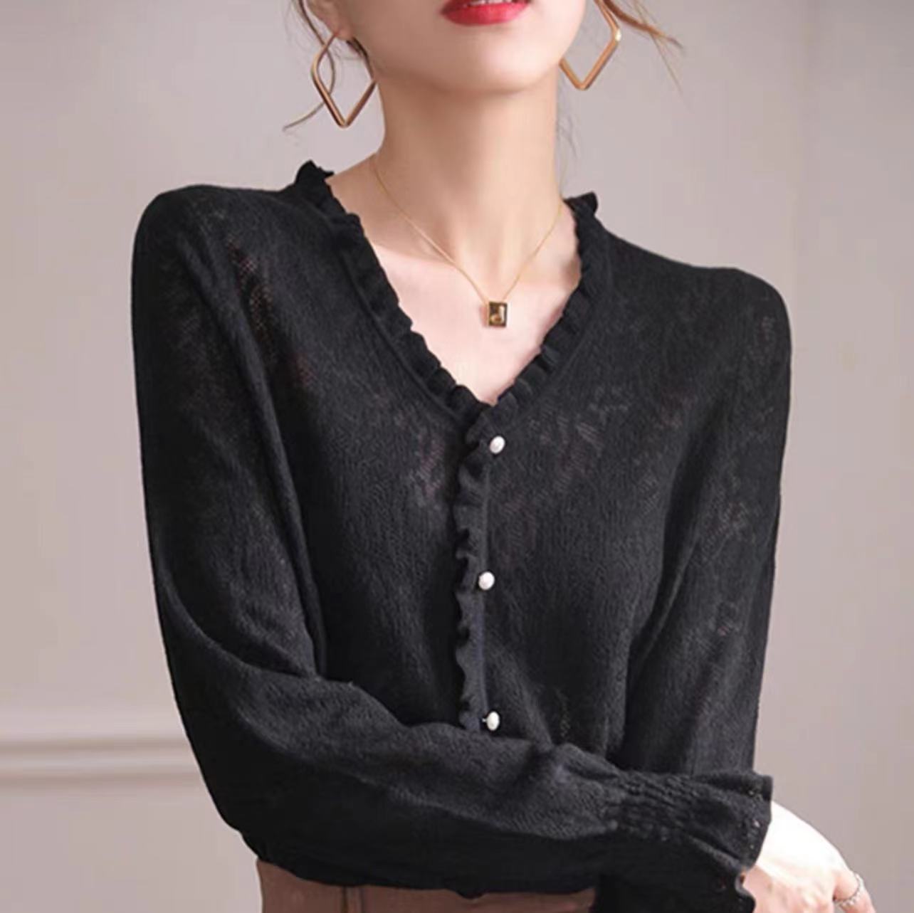 Lace V-Neck Hollow Sweater – Romantic Light Knit | same ANTHEM - Top