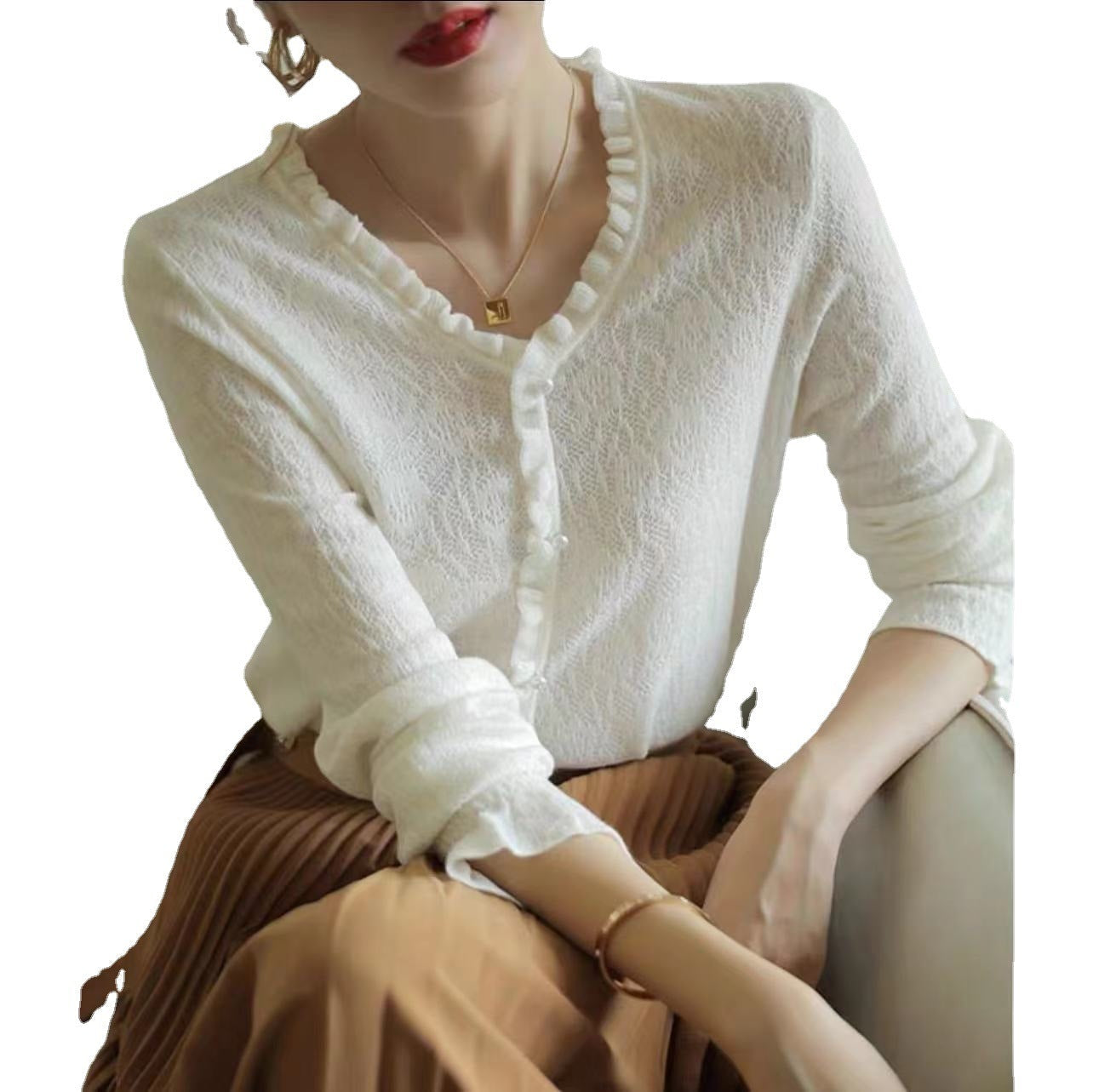 Lace V-Neck Hollow Sweater – Romantic Light Knit | same ANTHEM - Top