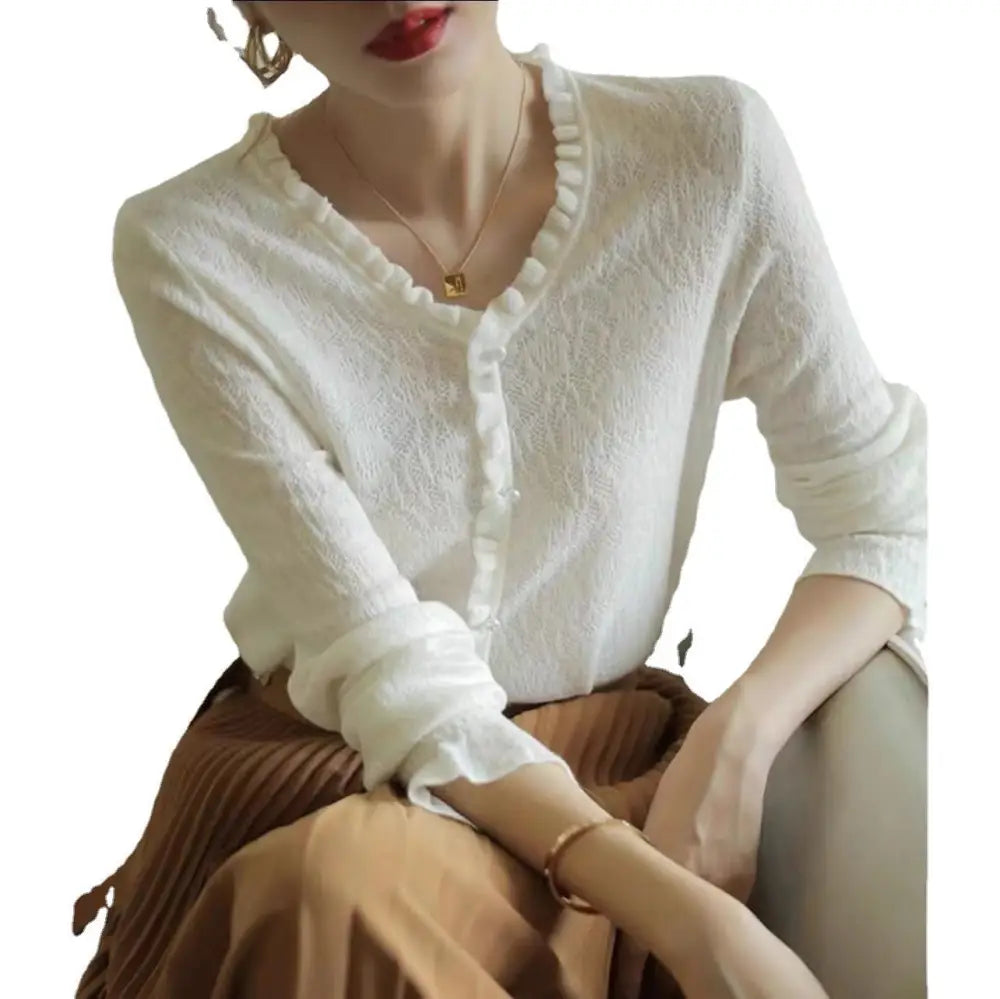 Lace V-Neck Hollow Sweater – Romantic Light Knit | same ANTHEM - Top