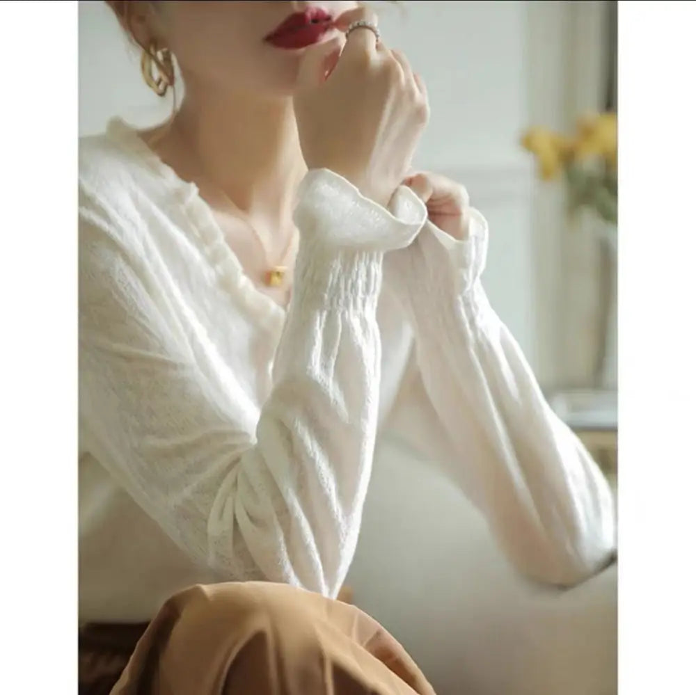 Lace V-Neck Hollow Sweater – Romantic Light Knit | same ANTHEM - Top