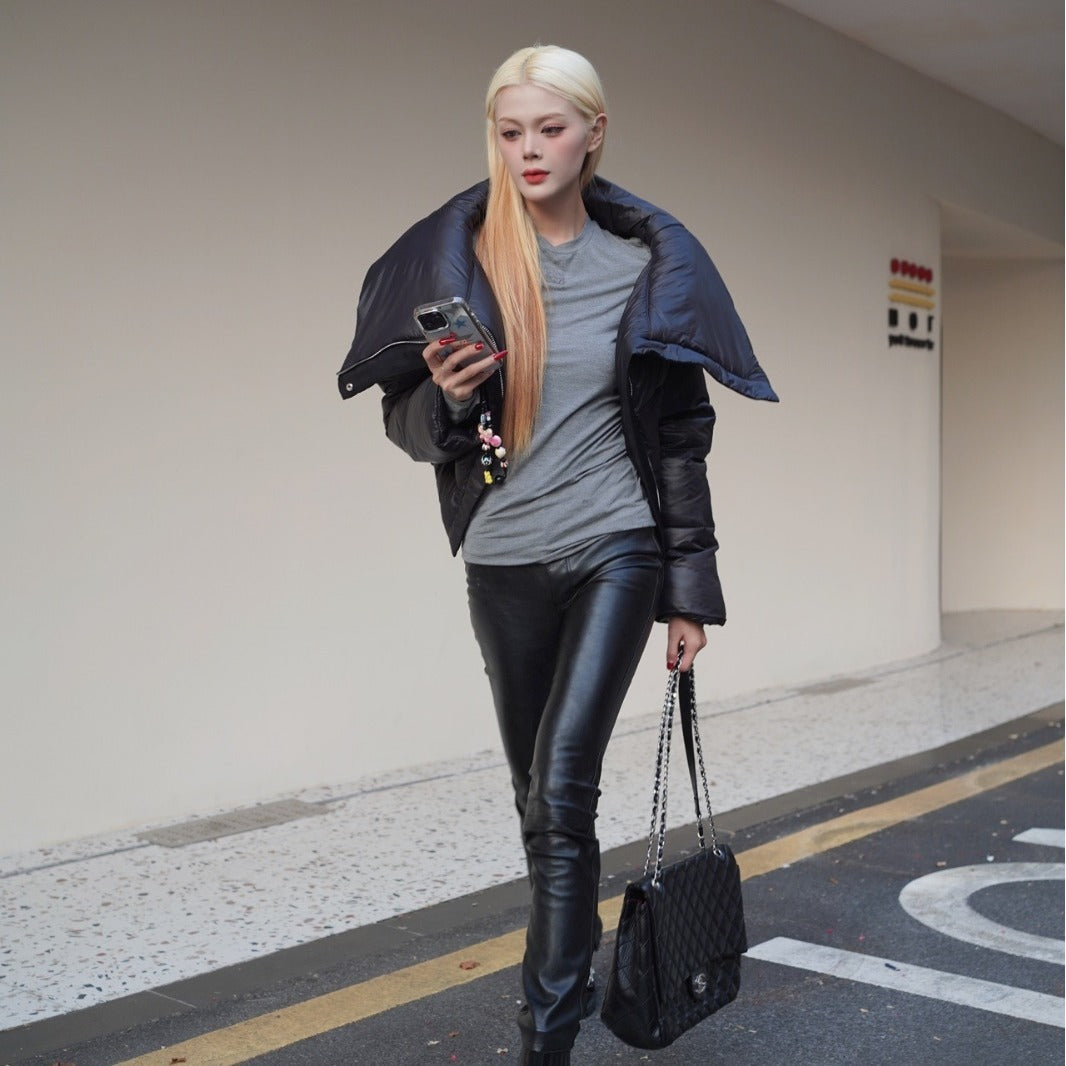 Black Female Lapel Short Down Cotton Coat - Bag