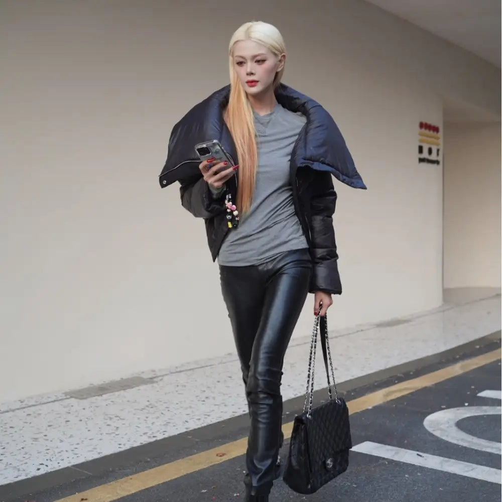 Black Female Lapel Short Down Cotton Coat - Bag