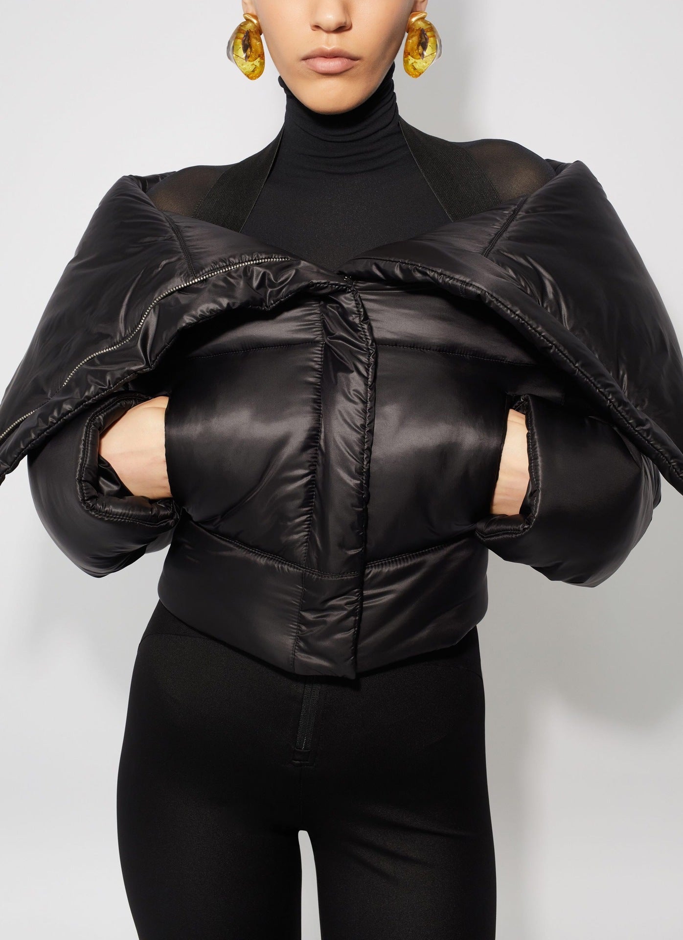 Black Female Lapel Short Down Cotton Coat - Bag