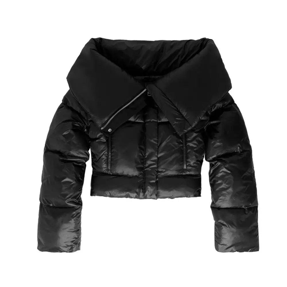 Black Female Lapel Short Down Cotton Coat - Bag