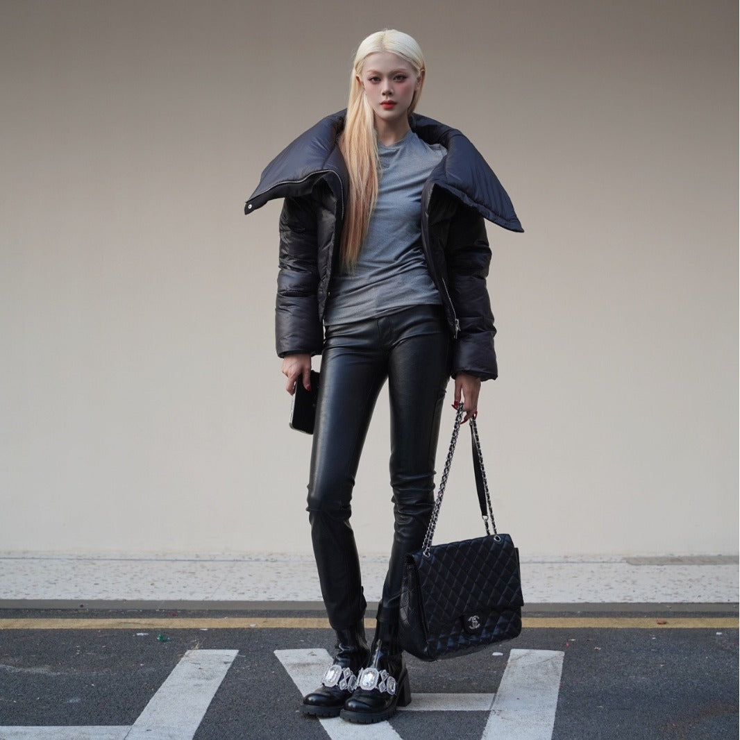 Black Female Lapel Short Down Cotton Coat - Bag