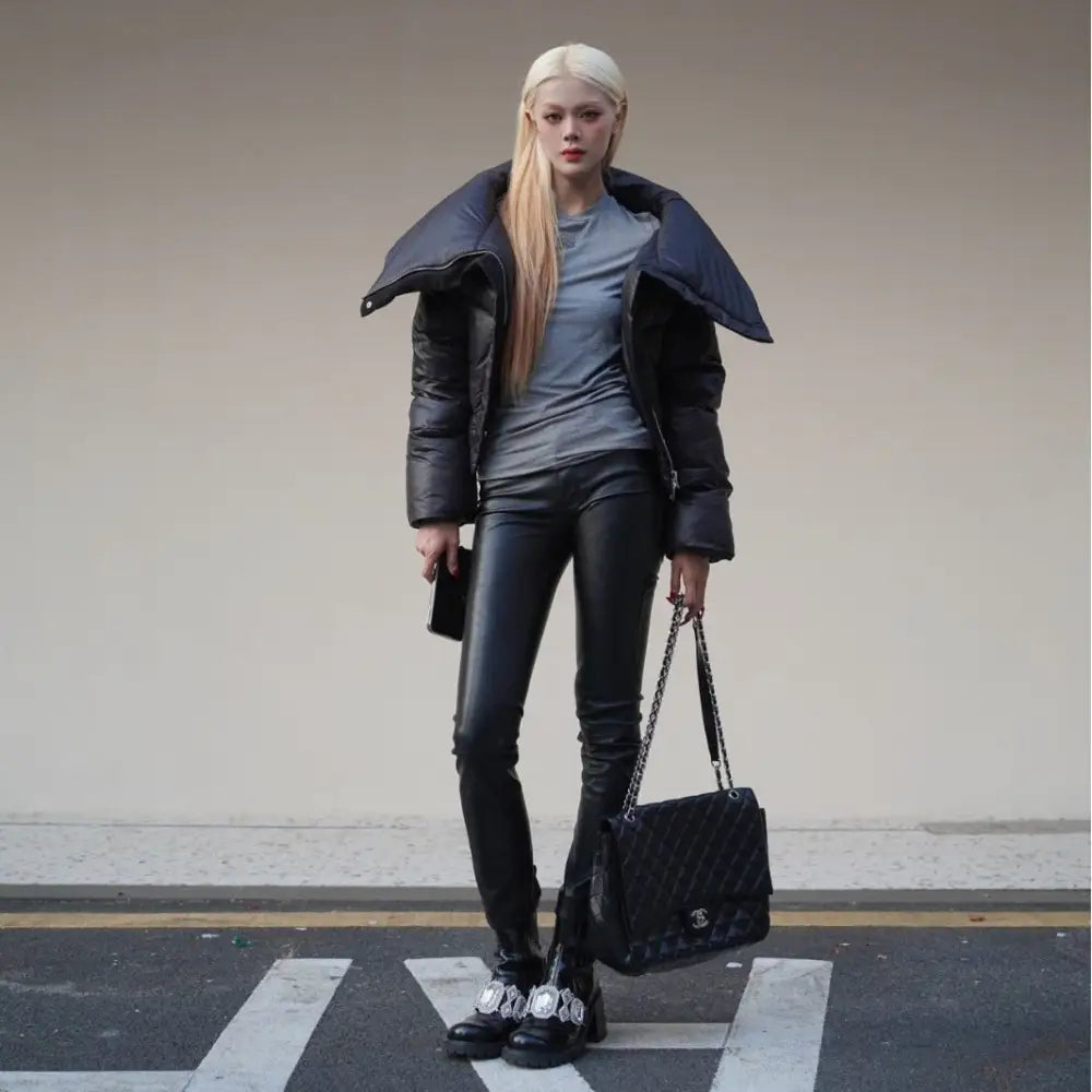Black Female Lapel Short Down Cotton Coat - Bag