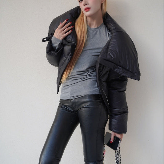 Black Female Lapel Short Down Cotton Coat - Bag