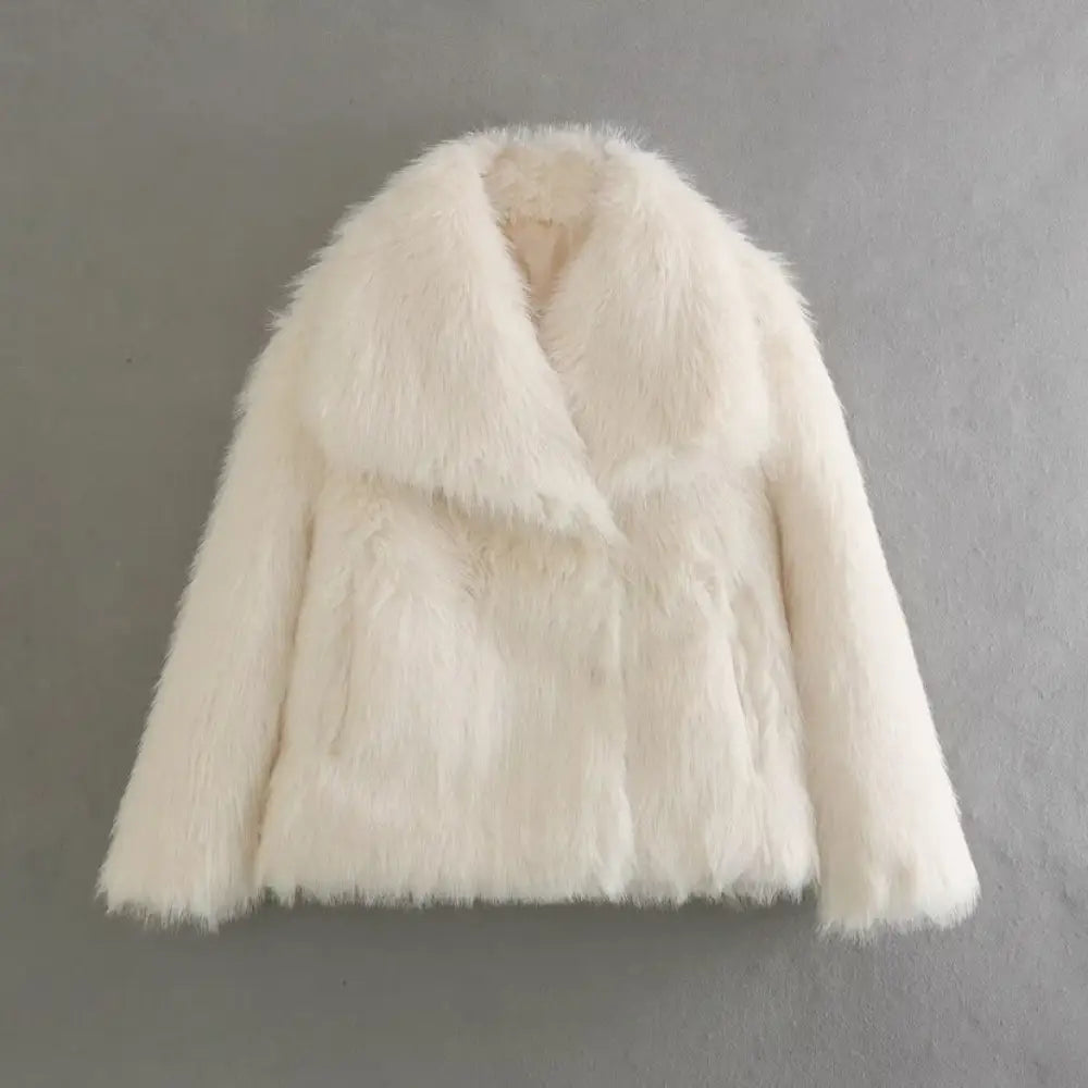 Large Lapel Fluffy Plush Faux Fur Short Coat | same ANTHEM. Soulmate Streetwear for Friends & Besties - White / L