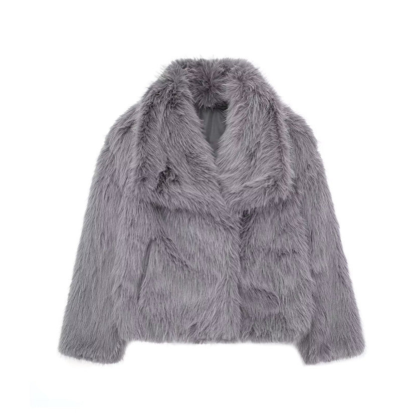 Large Lapel Fluffy Plush Faux Fur Short Coat | same ANTHEM. Soulmate Streetwear for Friends & Besties - Dark Gray / L