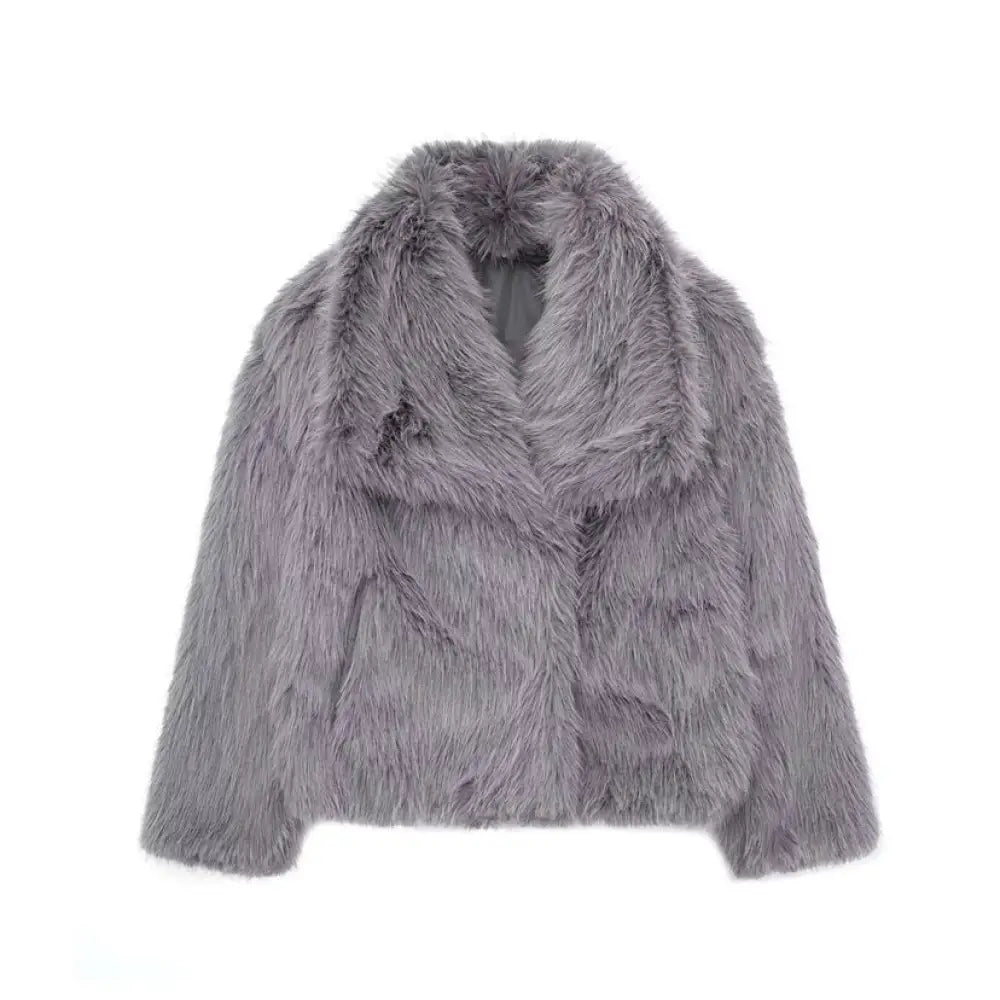 Large Lapel Fluffy Plush Faux Fur Short Coat | same ANTHEM. Soulmate Streetwear for Friends & Besties - Dark Gray / L
