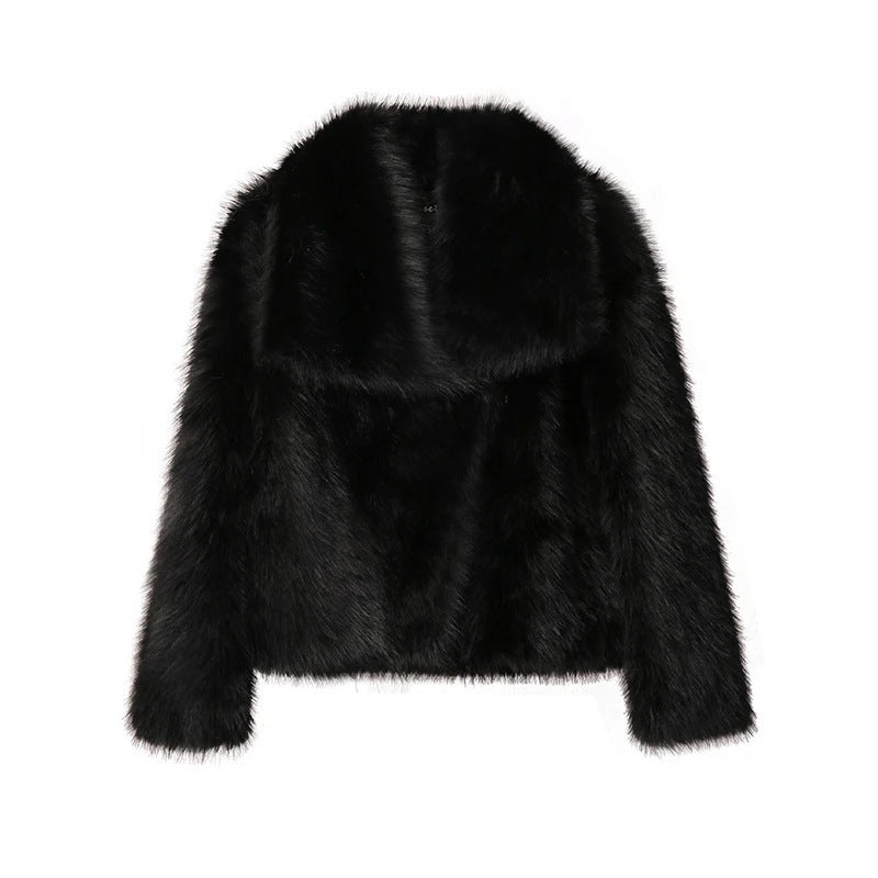 Large Lapel Fluffy Plush Faux Fur Short Coat | same ANTHEM. Soulmate Streetwear for Friends & Besties - Black / L