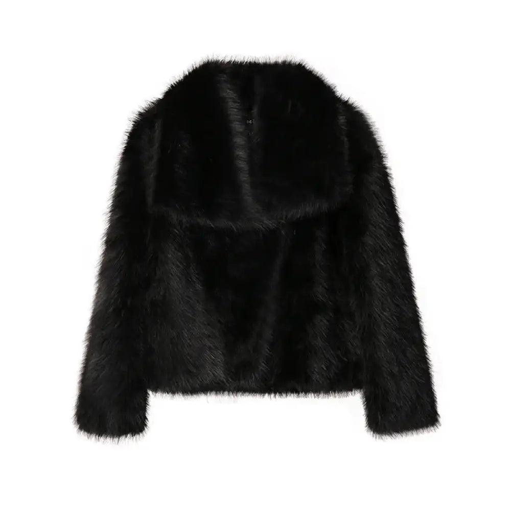 Large Lapel Fluffy Plush Faux Fur Short Coat | same ANTHEM. Soulmate Streetwear for Friends & Besties - Black / L