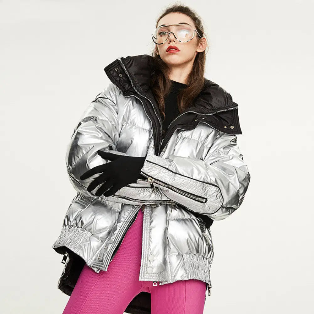 Couples Laser Glossy Thickened Loose Mid Length Down Jacket - Jacket