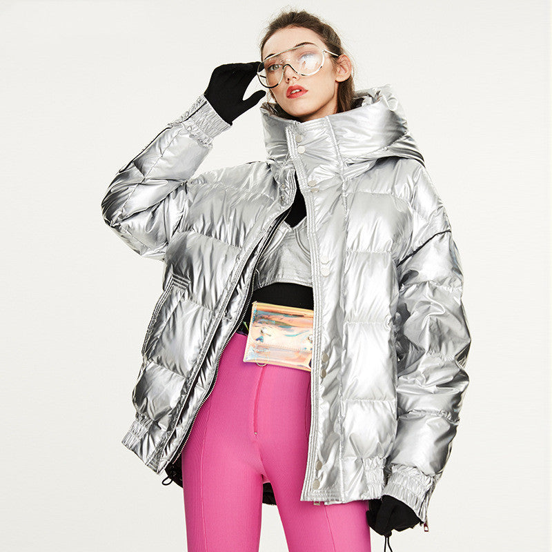 Couples Laser Glossy Thickened Loose Mid Length Down Jacket - Jacket