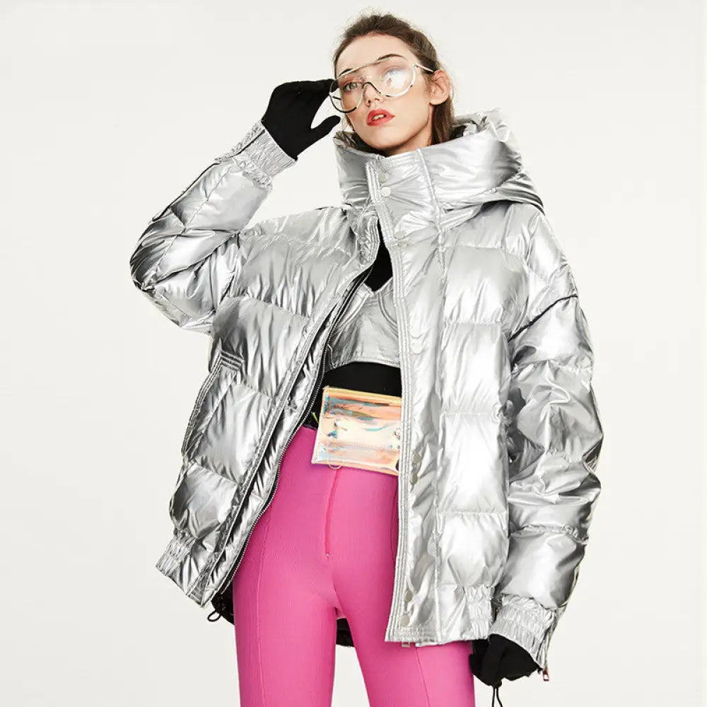 Couples Laser Glossy Thickened Loose Mid Length Down Jacket - Jacket