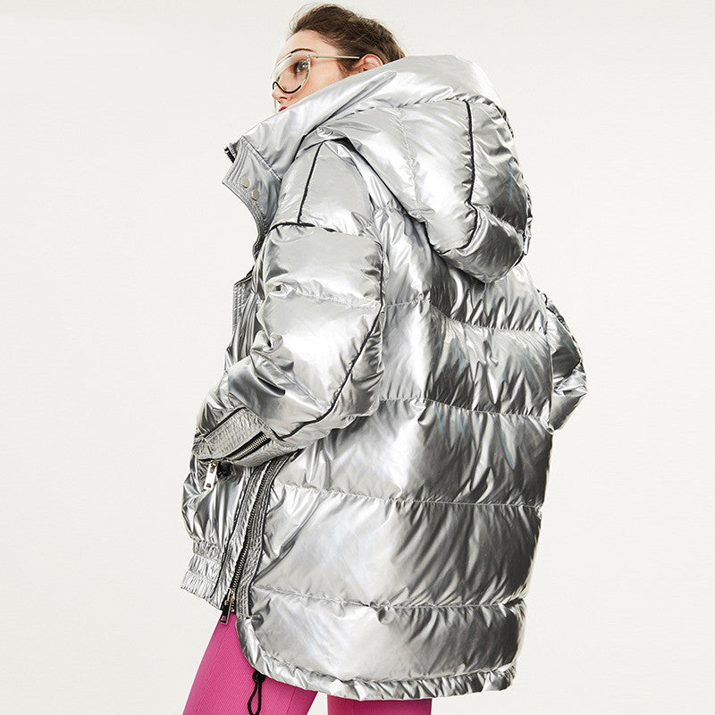 Couples Laser Glossy Thickened Loose Mid Length Down Jacket - Jacket