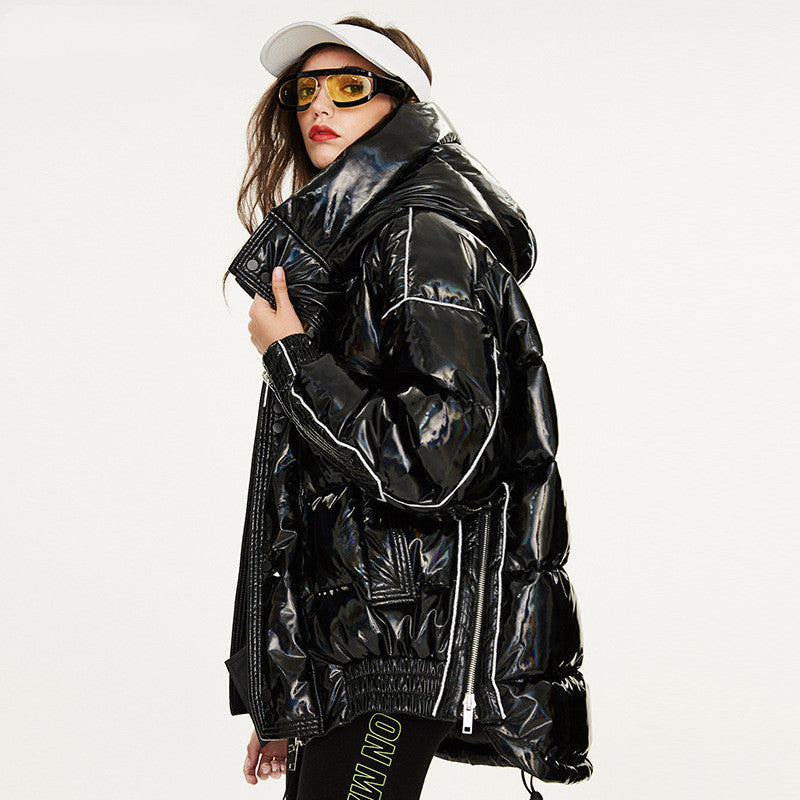 Couples Laser Glossy Thickened Loose Mid Length Down Jacket - Jacket