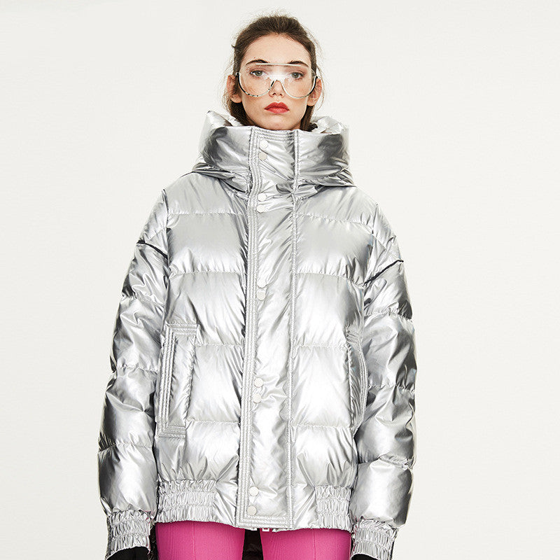 Couples Laser Glossy Thickened Loose Mid Length Down Jacket - Silver / L - Jacket