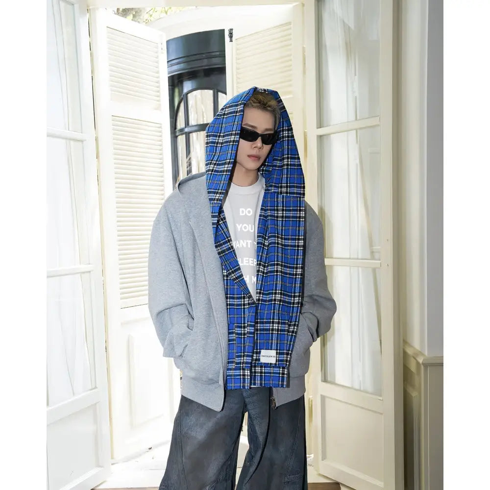 Layered Hoodie Jacket – Soulful Streetwear | same ANTHEM. - Gray Collar Blue Grid / L