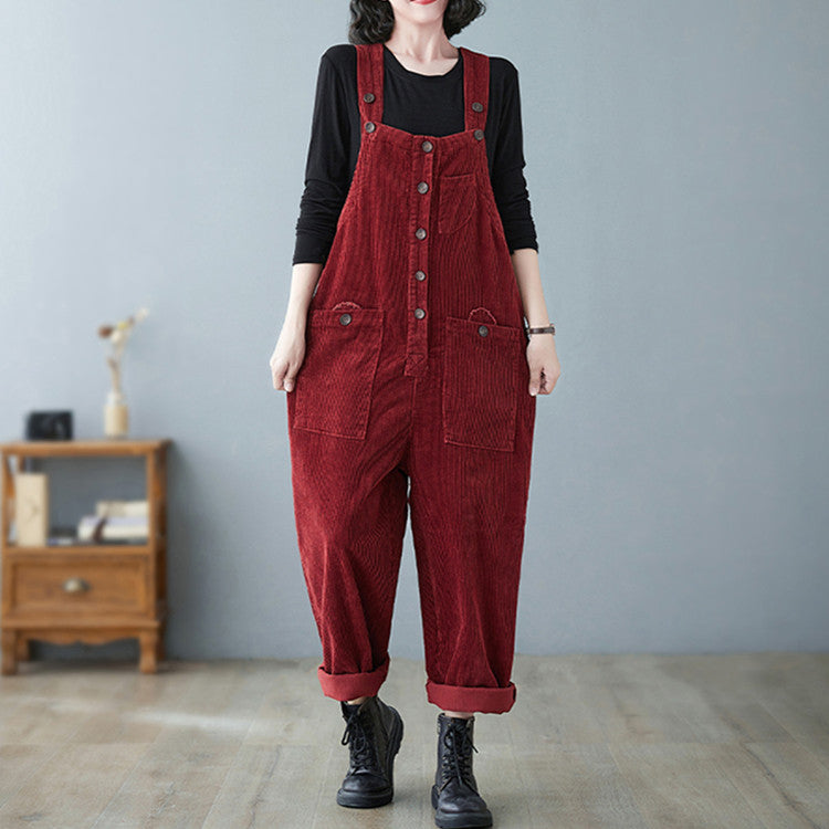 Lazy Corduroy Overalls – Casual Loose Fit Everyday Style | same ANTHEM - Wine Red / 2XL