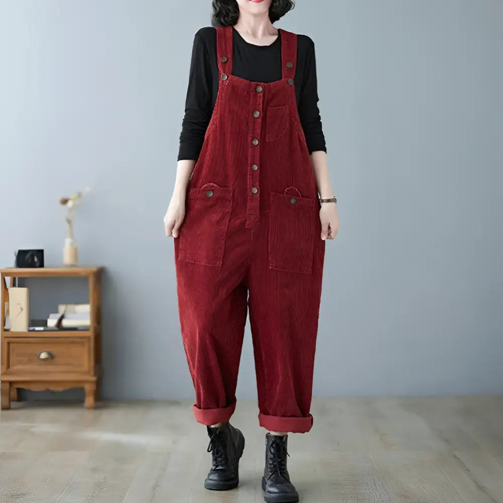 Lazy Corduroy Overalls – Casual Loose Fit Everyday Style | same ANTHEM - Wine Red / 2XL