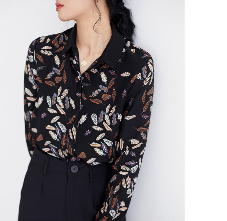 Leaf Print Chiffon Blouse – Loose Fit Office Lady Top | same ANTHEM