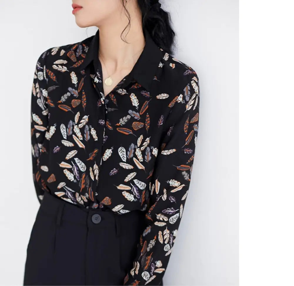 Leaf Print Chiffon Blouse – Loose Fit Office Lady Top | same ANTHEM