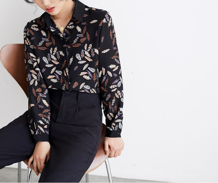 Leaf Print Chiffon Blouse – Loose Fit Office Lady Top | same ANTHEM