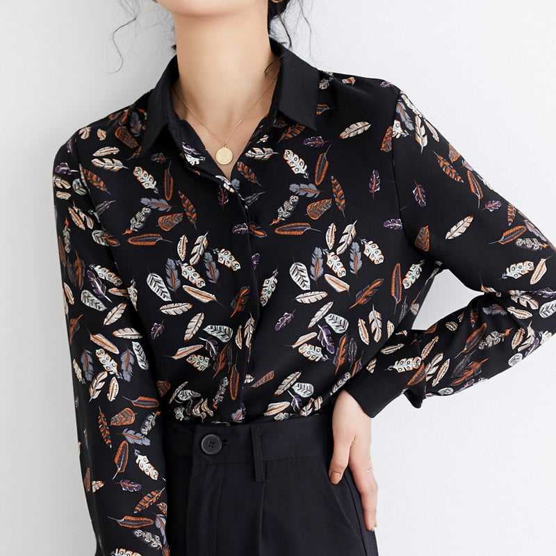 Leaf Print Chiffon Blouse – Loose Fit Office Lady Top | same ANTHEM
