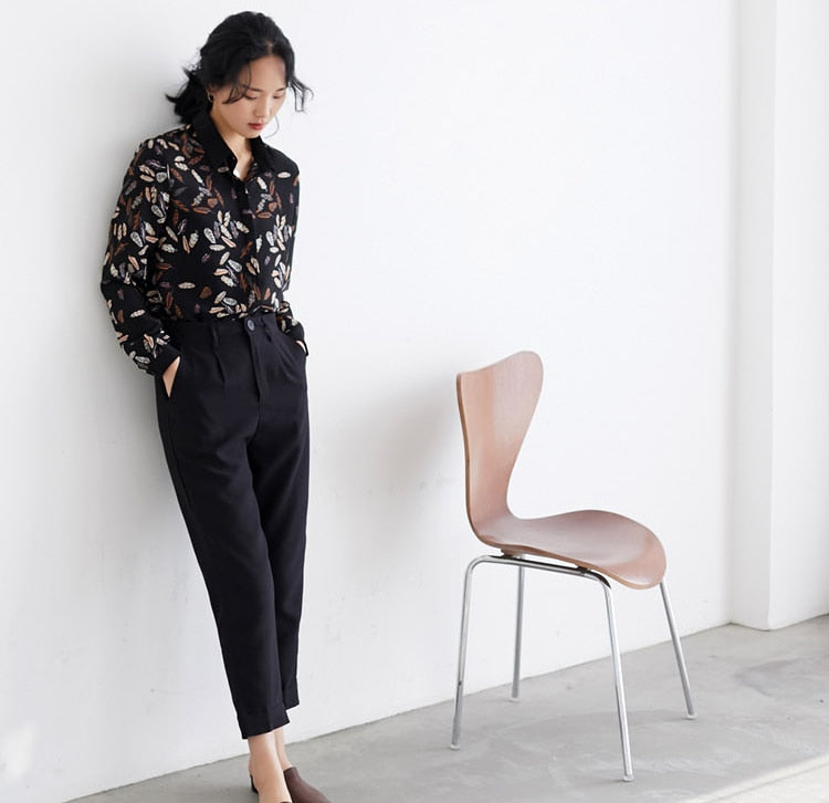 Leaf Print Chiffon Blouse – Loose Fit Office Lady Top | same ANTHEM