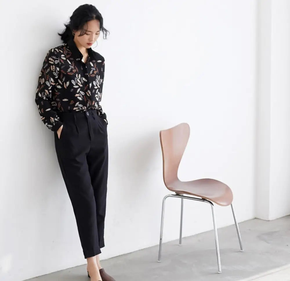 Leaf Print Chiffon Blouse – Loose Fit Office Lady Top | same ANTHEM
