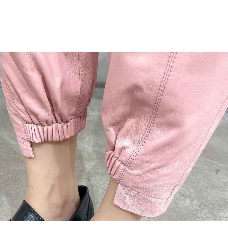 Women’s Temperament Leggings Leather Harem Pants Elastic Waist - Bag