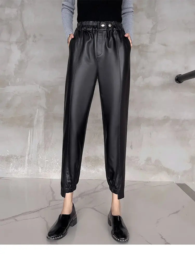 Women’s Temperament Leggings Leather Harem Pants Elastic Waist - Bag