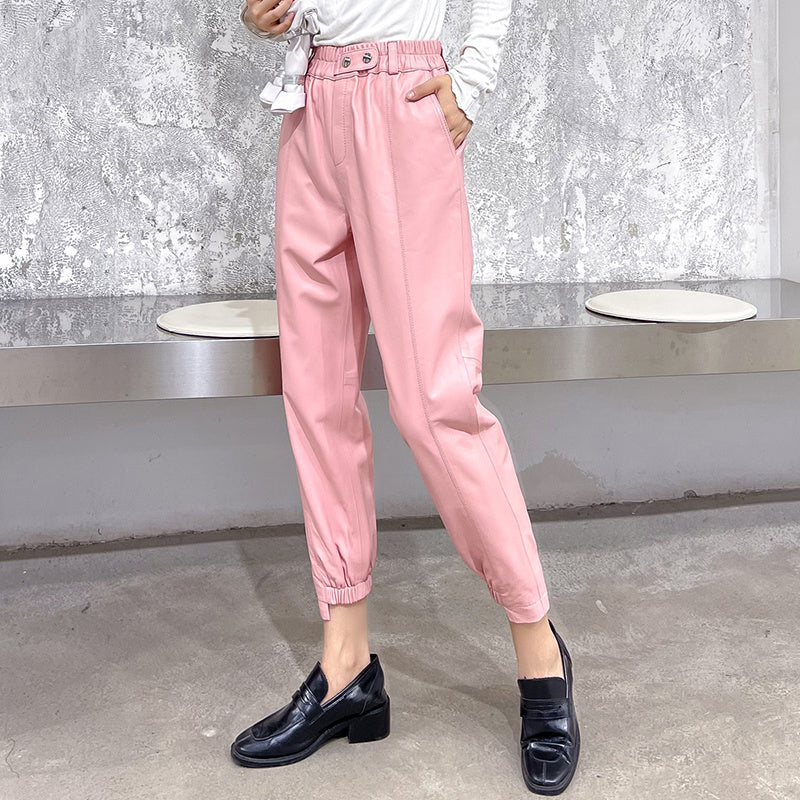 Women’s Temperament Leggings Leather Harem Pants Elastic Waist - Bag