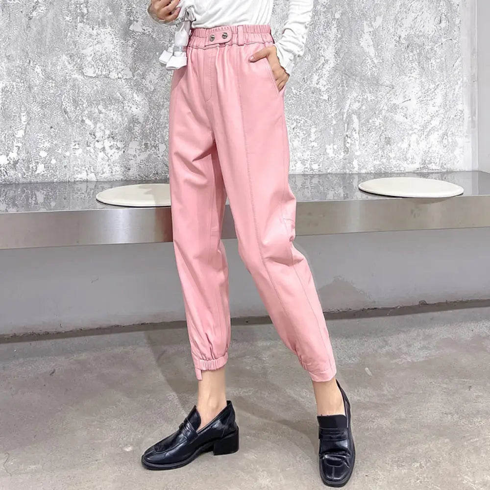 Women’s Temperament Leggings Leather Harem Pants Elastic Waist - Bag