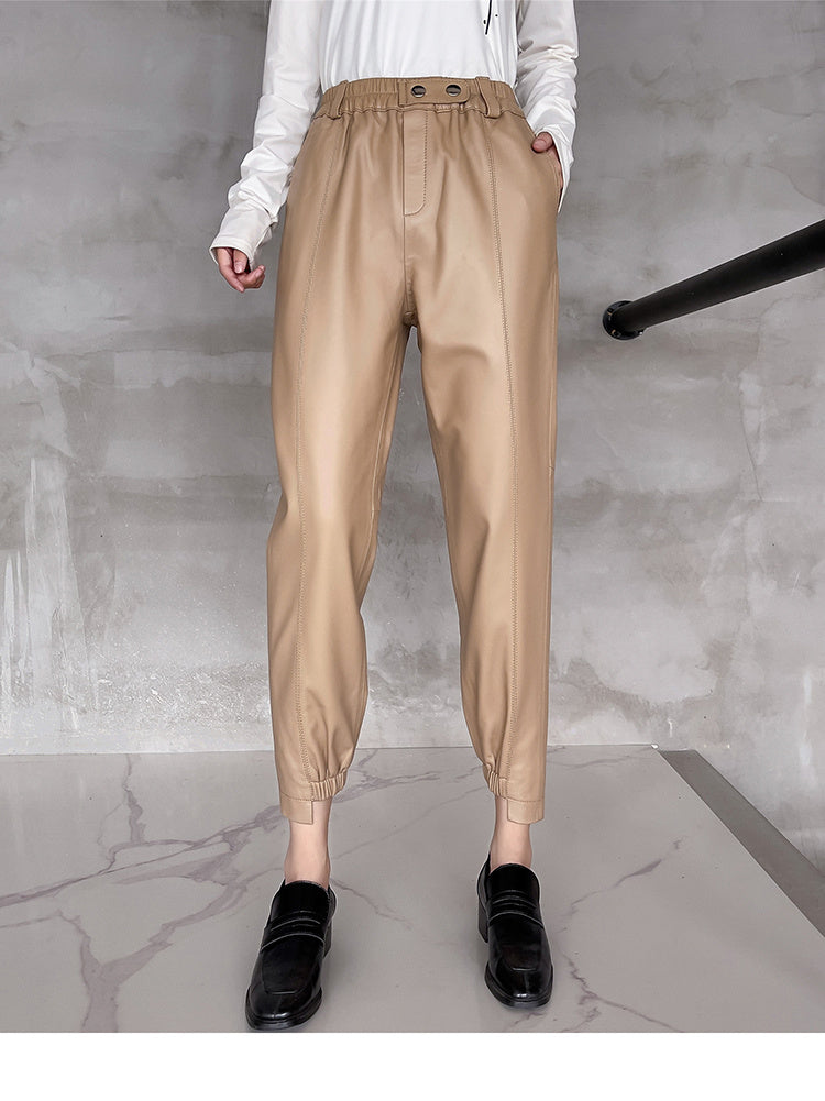 Women’s Temperament Leggings Leather Harem Pants Elastic Waist - Khaki / 2XL - Bag