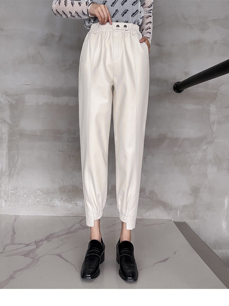 Women’s Temperament Leggings Leather Harem Pants Elastic Waist - White / 2XL - Bag