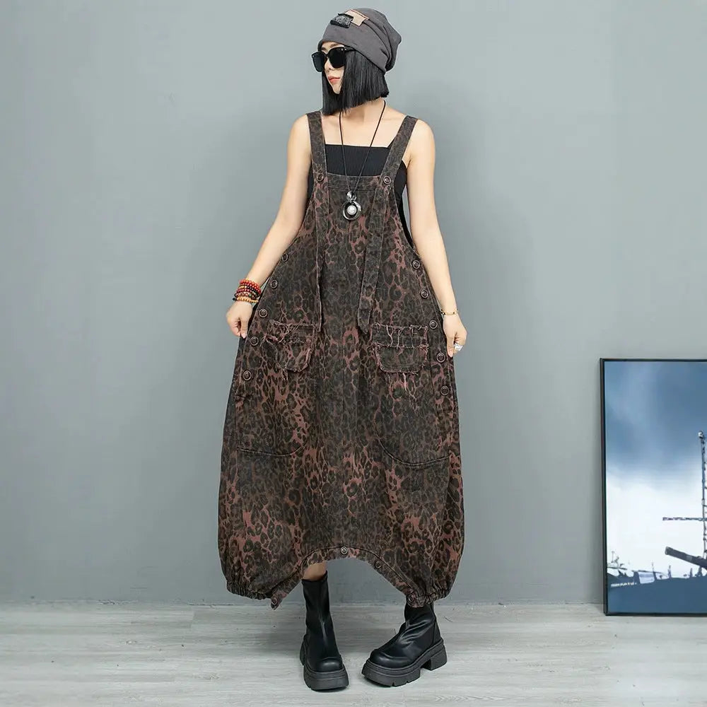 Leopard Print Denim Overalls for Women | same ANTHEM Streetwear Chic