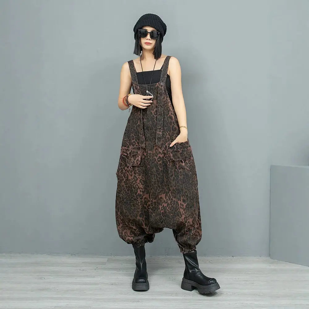 Leopard Print Denim Overalls for Women | same ANTHEM Streetwear Chic