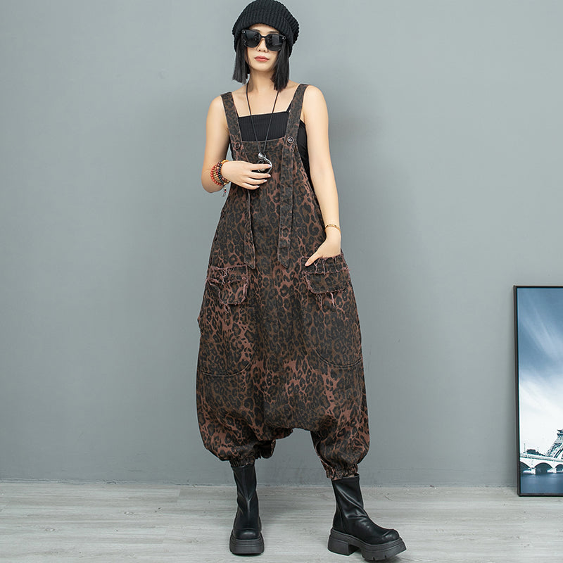 Leopard Print Denim Overalls for Women | same ANTHEM Streetwear Chic - Brown leopard print / One size