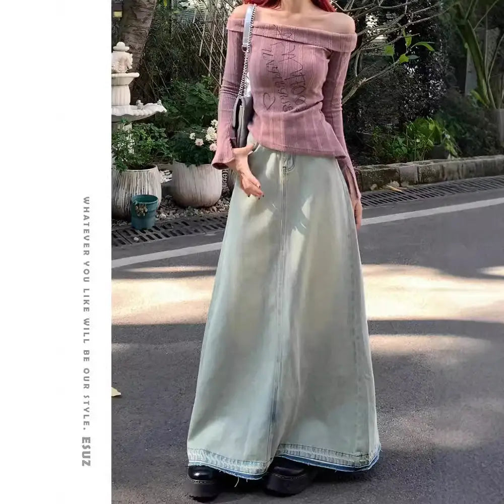 Light Color Retro Washed Denim Skirt | Lover’s Denim Long Skirt for Friends & Soulmates | same ANTHEM