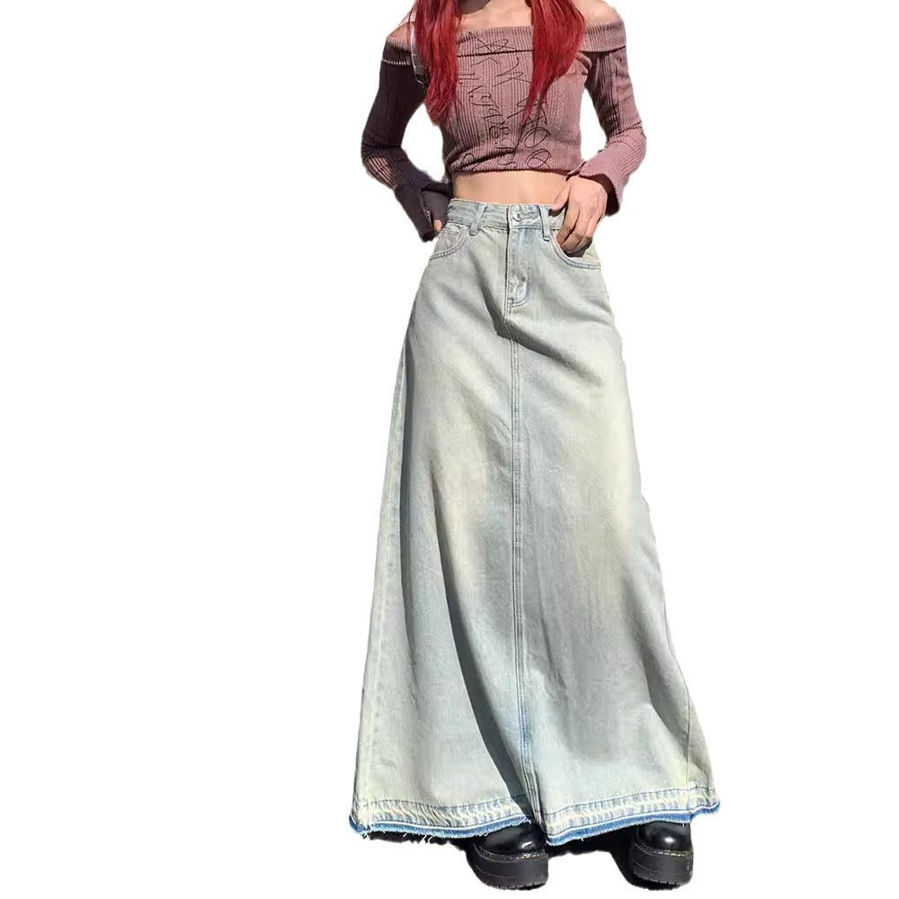 Light Color Retro Washed Denim Skirt | Lover’s Denim Long Skirt for Friends & Soulmates | same ANTHEM - Light Blue / 2XL