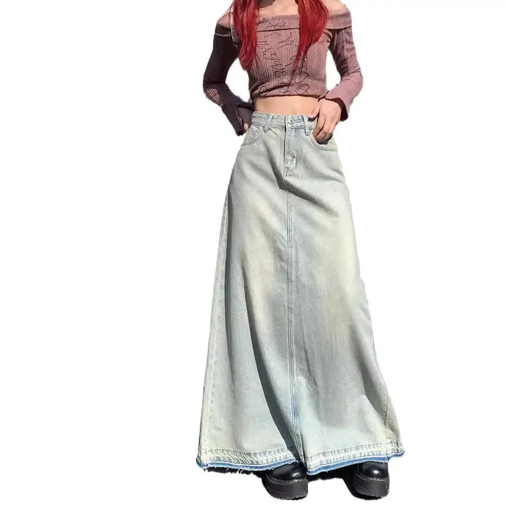 Light Color Retro Washed Denim Skirt | Lover’s Denim Long Skirt for Friends & Soulmates | same ANTHEM - Light Blue / 2XL