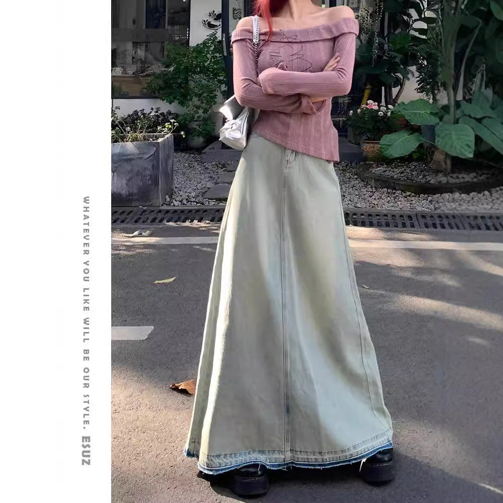 Light Color Retro Washed Denim Skirt | Lover’s Denim Long Skirt for Friends & Soulmates | same ANTHEM