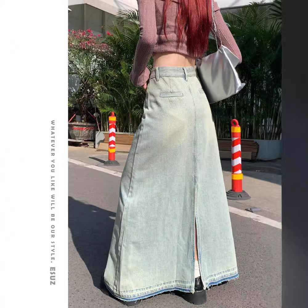 Light Color Retro Washed Denim Skirt | Lover’s Denim Long Skirt for Friends & Soulmates | same ANTHEM