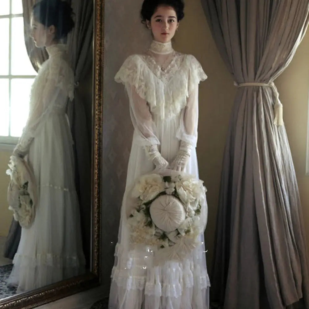 Photo Light Wedding Birthday Annual Party Evening Dress Long Sleeve Lace Long Skirt - White / L - Bag