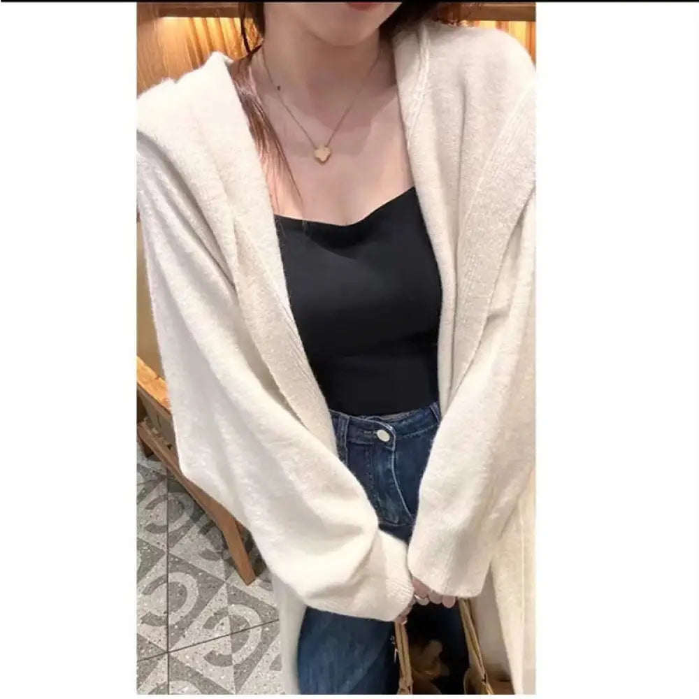 Korean Style Idle Style Hooded Long Below The Knee Knitted Cardigan For Women - Bag