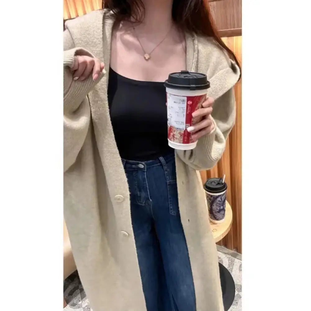 Korean Style Idle Style Hooded Long Below The Knee Knitted Cardigan For Women - Bag