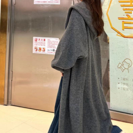 Korean Style Idle Style Hooded Long Below The Knee Knitted Cardigan For Women - Bag